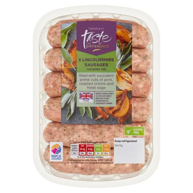 Sainsbury's Lincolnshire British Pork Sausages, Taste the Difference x6 400g - gallery image 1