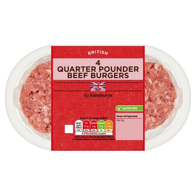 Sainsbury's 4 Quarter Pounder British Beef Burgers 454g - gallery image 1