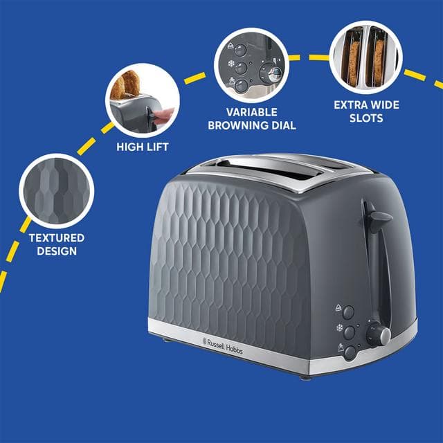 Russell Hobbs Honeycomb 2 Slice Grey Plastic Toaster 26063 - gallery image 4