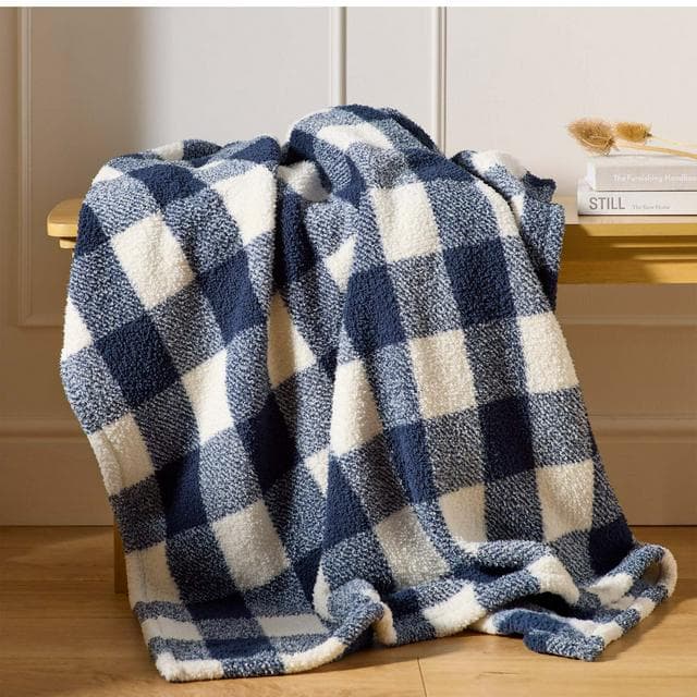 Sainsbury's Home Check Teddy Fleece Throw - Navy - 125x150 - gallery image 2
