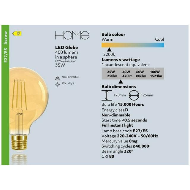 Sainsbury's Home 2.9w Filament G125 Globe Edison Screw Light Bulb - gallery image 4