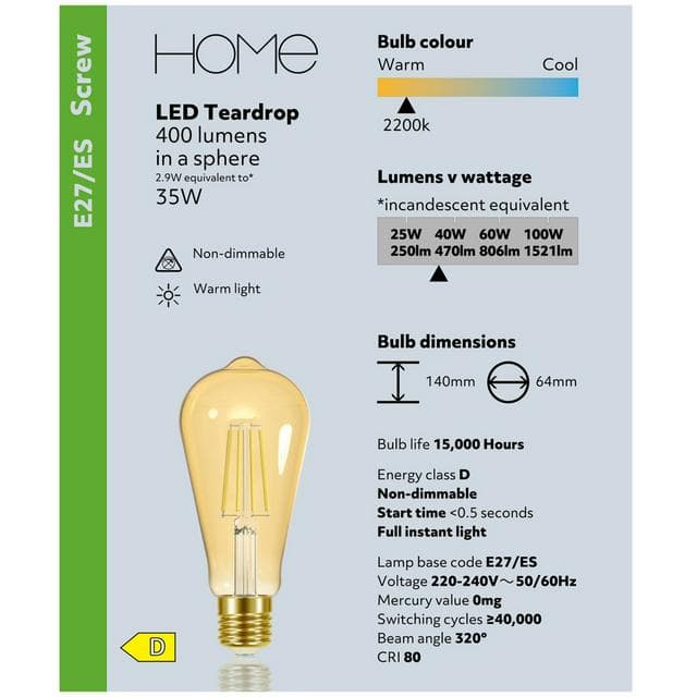Sainsbury's Home 2.9w Filament ST64 Teardrop Edison Screw Light Bulb - gallery image 4