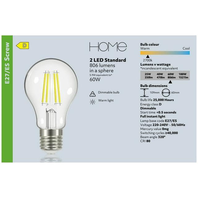 Sainsbury's Home Pack of 2 LED Fila Standard Dim Edison Screw Light Bulbs - 60w - gallery image 4