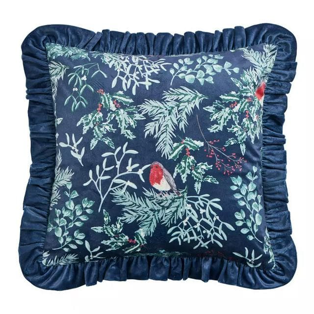 Sainsbury's Home Velvet Robin Ruffle Cushion - Blue - gallery image 2