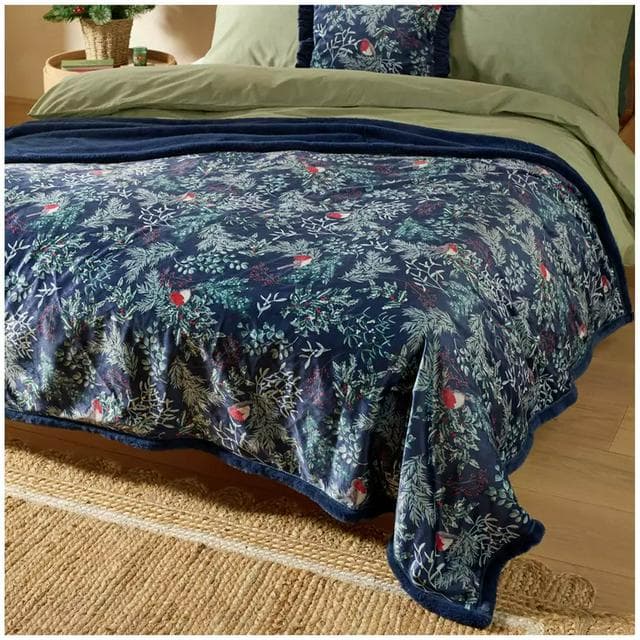 Sainsbury's Home Printed Velvet Robin Throw - Blue - gallery image 1