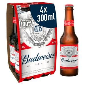 Budweiser 4 x 300ml Lager Beer Bottles