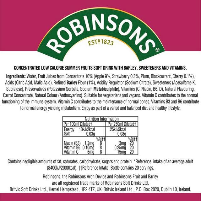 Robinsons Fruit & Barley Summer Fruits Squash No Added Sugar 1L - gallery image 4