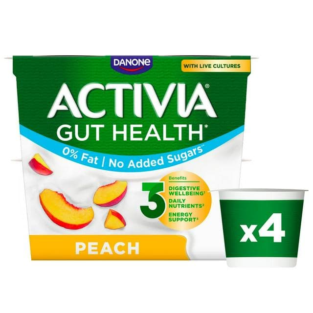 Activia Peach Fat Free No Added Sugar Gut Health Fruit Yoghurt Multipack 4 x 115g - gallery image 1