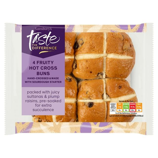 Sainsbury's 4 Fruity Hot Cross Buns, Taste the Difference 280g - gallery image 1