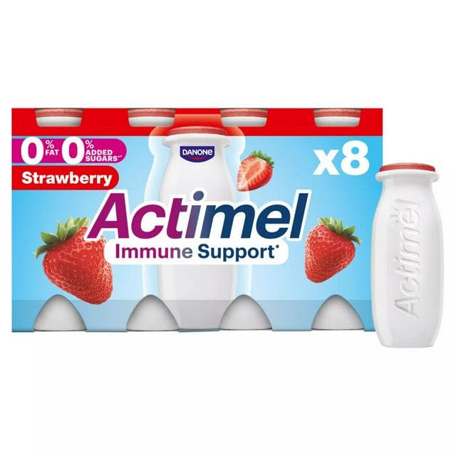 Actimel Strawberry 0% Added Sugar Fat Free Yogurt Drink 8x100g - gallery image 1