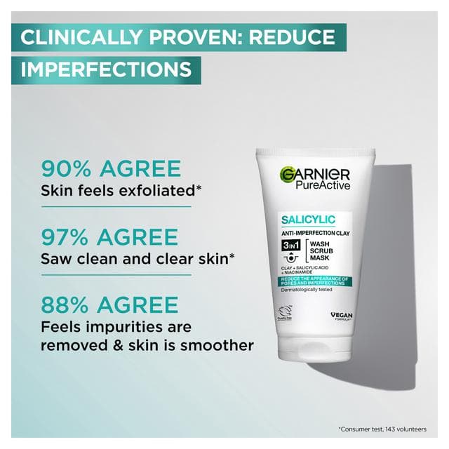Garnier Pure Active 3in1 Clay Mask Wash Scrub for Oily Skin 150ml - gallery image 2