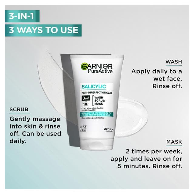 Garnier Pure Active 3in1 Clay Mask Wash Scrub for Oily Skin 150ml - gallery image 4