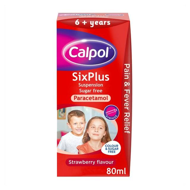 Calpol SixPlus 80ml Sugar Free Suspension 6+ Years Strawberry Flavour Paracetamol - gallery image 1