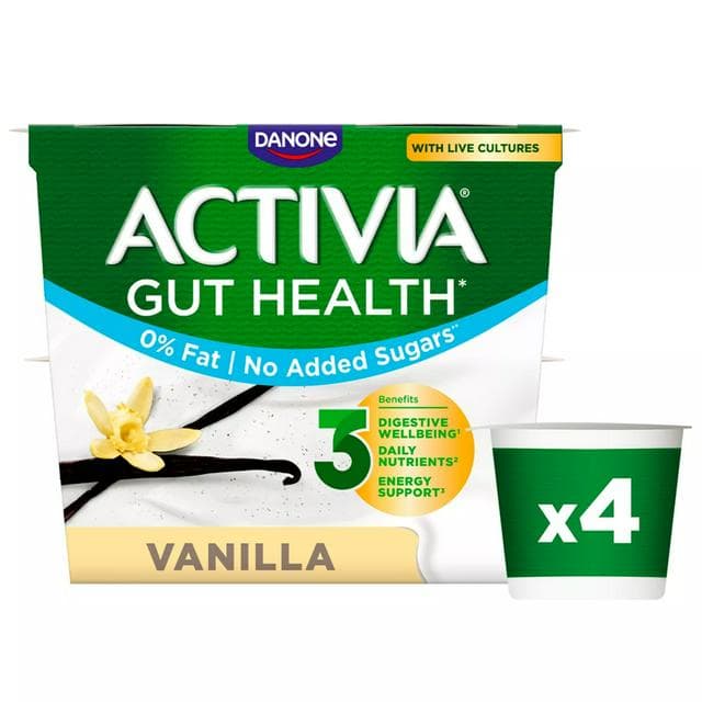 Activia Vanilla Fat Free No Added Sugar Gut Health Fruit Yoghurt Multipack 4x115g - gallery image 1