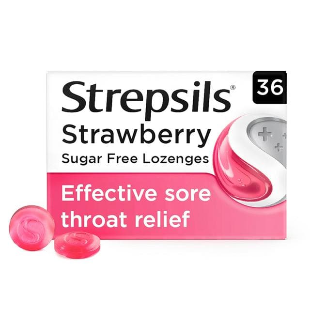 Strepsils Strawberry Sugar Free Sore Throat Cough Lozenges x36 - gallery image 1