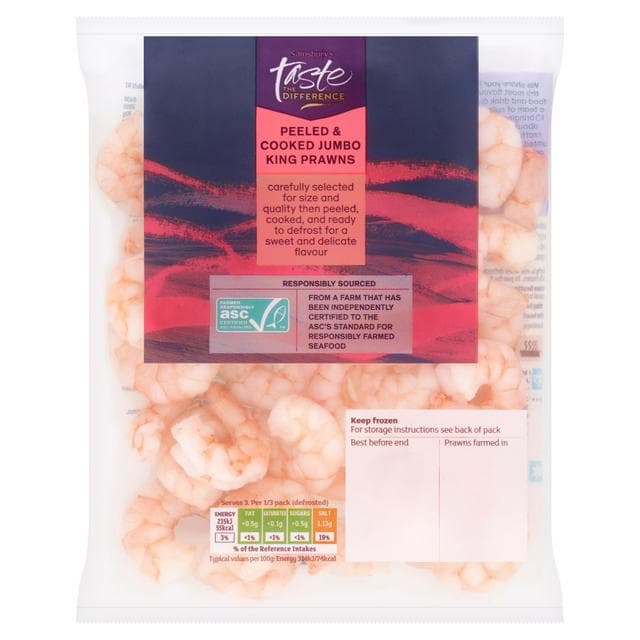 Sainsbury's Frozen Cooked & Peeled Jumbo King Prawns ASC, Taste the Difference 225g - gallery image 1