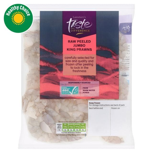 Sainsbury's Frozen Raw Peeled Jumbo King Prawns ASC, Taste the Difference 225g - gallery image 1