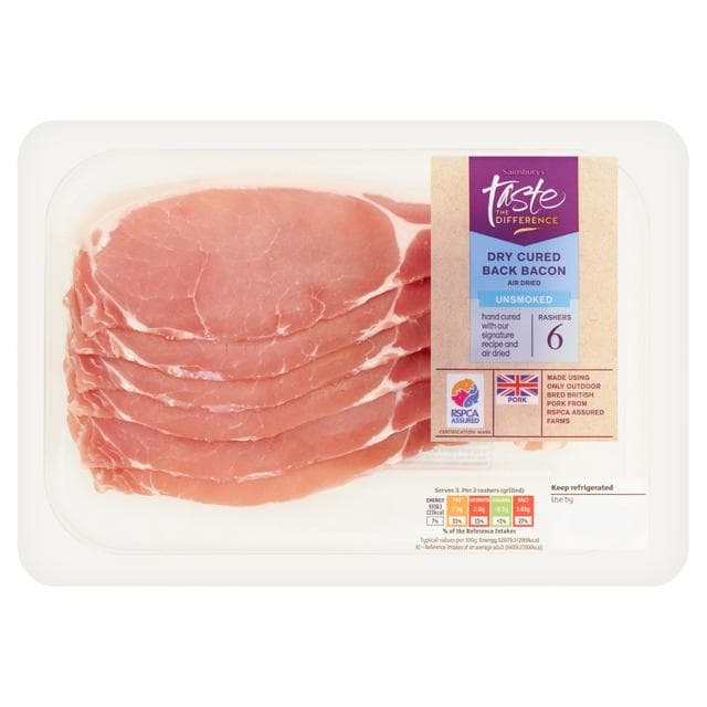Sainsbury's Unsmoked Air Dried Dry Cured Back Bacon Rashers, Taste the Difference x6 220g - gallery image 1