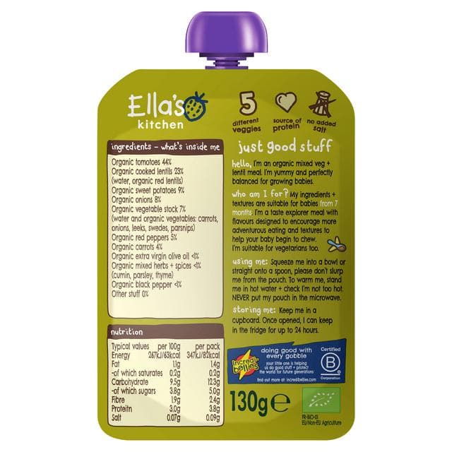 Ella's Kitchen Organic Vegetable & Lentil Bake Baby Food Pouch 7+ Months 130g - gallery image 2