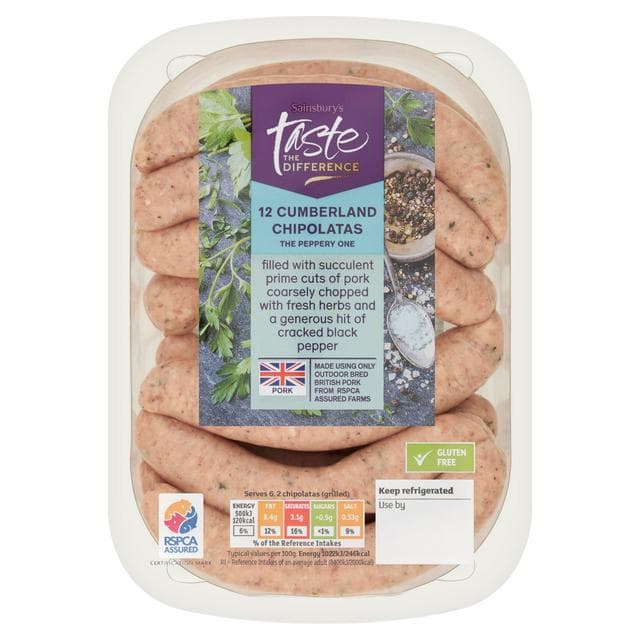 Sainsbury's Cumberland British Pork Chipolata sausages, Taste the Difference x12 375g - gallery image 1