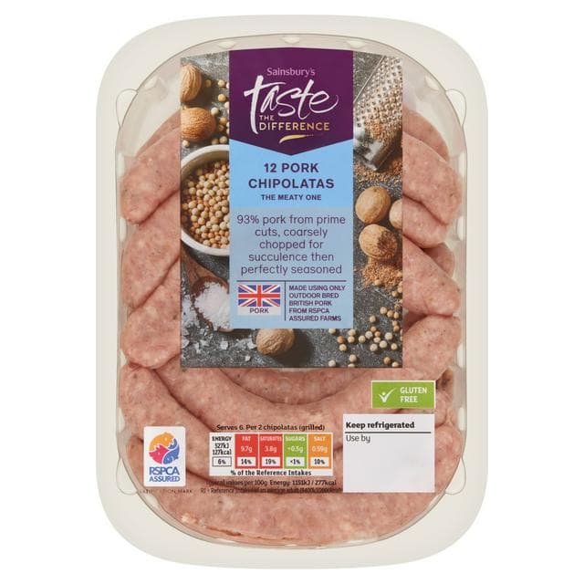 Sainsbury's British Pork Chipolata sausages, Taste the Difference x12 375g - gallery image 1