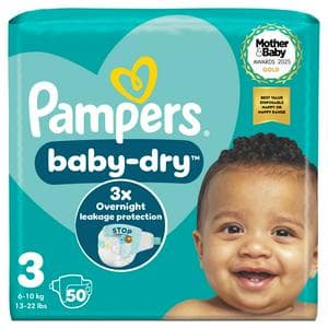 Pampers Baby-Dry Size 3, 50 Nappies, 6-10kg, Essential Pack