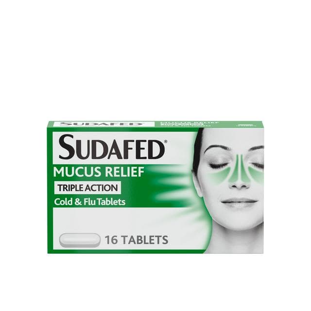Sudafed Mucus Relief Triple Action Cold & Flu Tablets x16 - gallery image 1