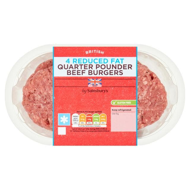 Sainsbury's 4 Reduced Fat Quarter Pounder Beef Burgers 454g - gallery image 1
