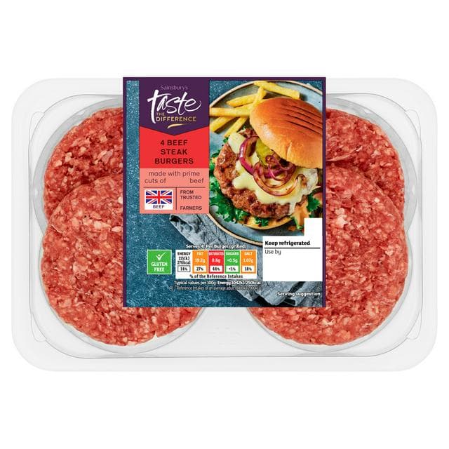 Sainsbury's 4 British Beef Steak Burgers, Taste the Difference 680g - gallery image 1