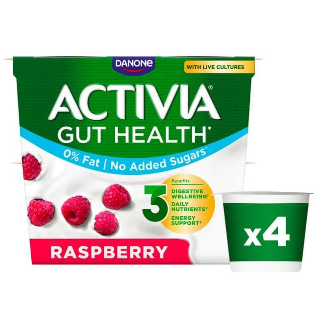 Activia Raspberry Fat Free No Added Sugar Gut Health Fruit Yoghurt Multipack 4 x 115g - gallery image 1