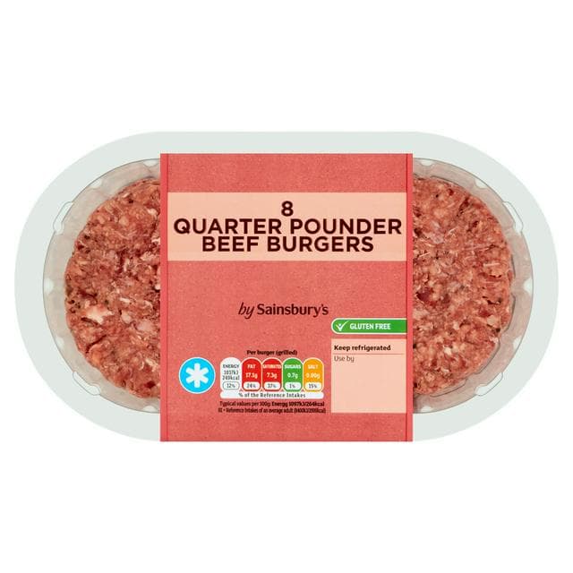 Sainsbury's 8 Quarter Pounder Beef Burgers 908g - gallery image 1