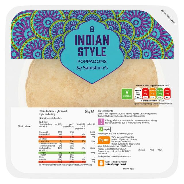 Sainsbury's Poppadoms Plain 64g - gallery image 1