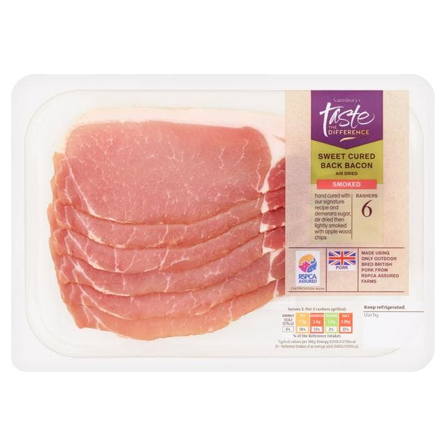Sainsbury's Smoked Air Dried Sweet Cured Back Bacon Rashers, Taste the Difference x6 220g - gallery image 1