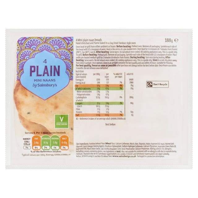 Sainsbury's Mini Plain Naan x4 188g - gallery image 1