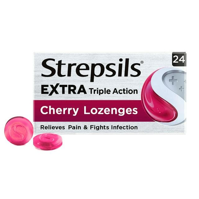 Strepsils Extra Triple Action Cherry Sore Throat Cough Lozenges x24 - gallery image 1