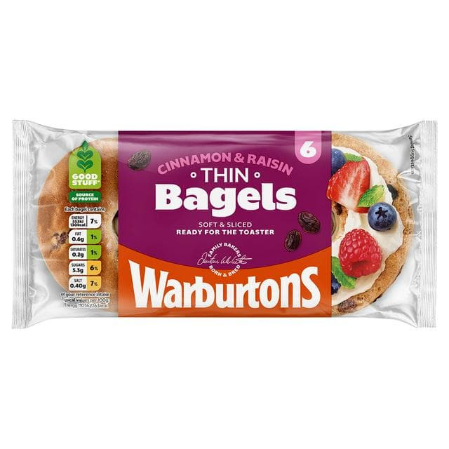 Warburtons Cinnamon & Raisin Thin Bagels x6 - gallery image 1