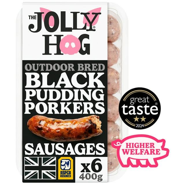 The Jolly Hog 6 x British Black Pudding Porker Sausages with Black Pudding & Apple 400g - gallery image 1
