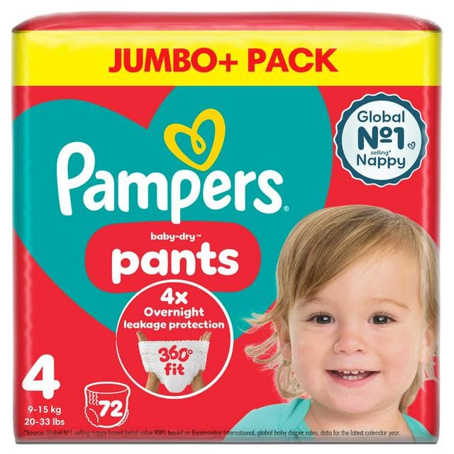Pampers Baby Dry Nappy Pants Jumbo+ Pack Nappies Size 4, 9kg-15kg x72 - gallery image 1