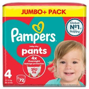 Pampers Baby Dry Nappy Pants Jumbo+ Pack Nappies Size 4, 9kg-15kg x72