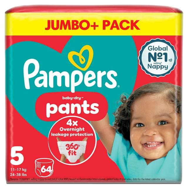 Pampers Baby Dry Nappy Pants Jumbo+ Pack Nappies Size 5, 12kg-17kg x64 - gallery image 1