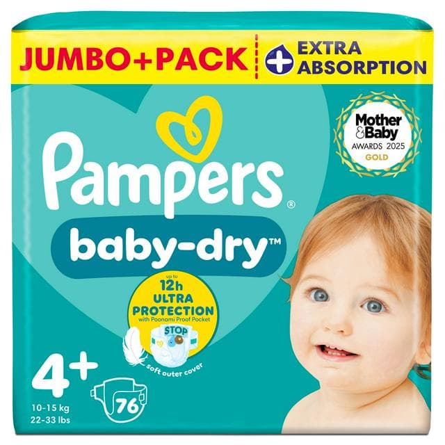 Pampers Baby Dry Jumbo+ Pack Nappies Size 4+, 10kg-15kg x76 - gallery image 1