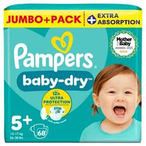 Pampers Baby Dry Jumbo+ Pack Nappies Size 5+, 12kg-17kg x68