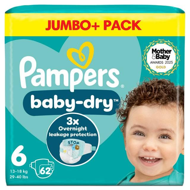 Pampers Baby Dry Jumbo+ Pack Nappies Size 6, 13kg-18kg x62 - gallery image 1