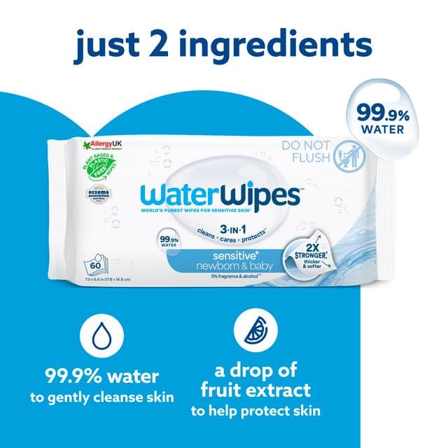 WaterWipes Sensitive Biodegradable Newborn Baby Wipes x60 - gallery image 2