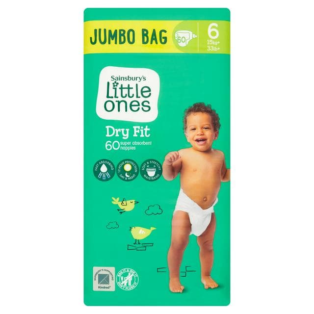 Sainsbury's Little Ones Dry Fit Size 6 Jumbo 60 Nappies - gallery image 1