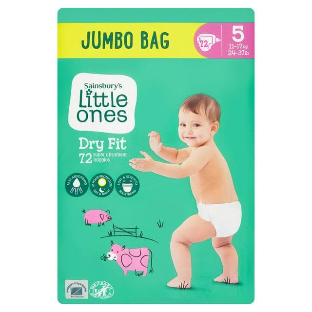 Sainsbury's Little Ones Dry Fit Size 5 Jumbo 72 Nappies - gallery image 1
