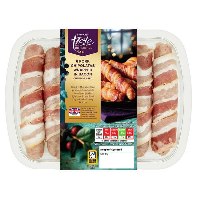 Sainsbury's 6 x Pork Chipolatas Wrapped in Bacon, Taste the Difference 260g - gallery image 1