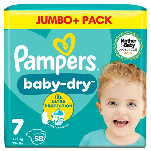 Pampers Baby-Dry Size 7, 58 Nappies, 15kg+, Jumbo+ Pack - gallery image 1