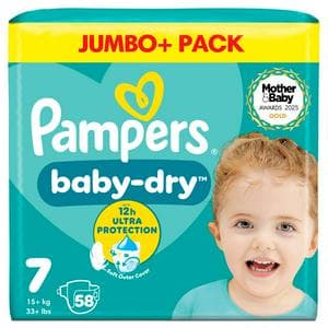 Pampers Baby-Dry Size 7, 58 Nappies, 15kg+, Jumbo+ Pack