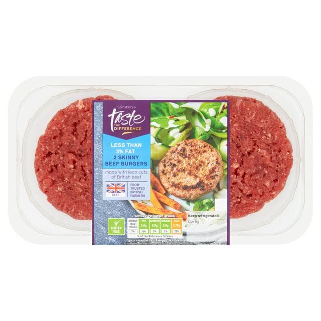 Sainsbury's 2 x Skinny Beef Burgers, Taste the Difference 227g - gallery image 1